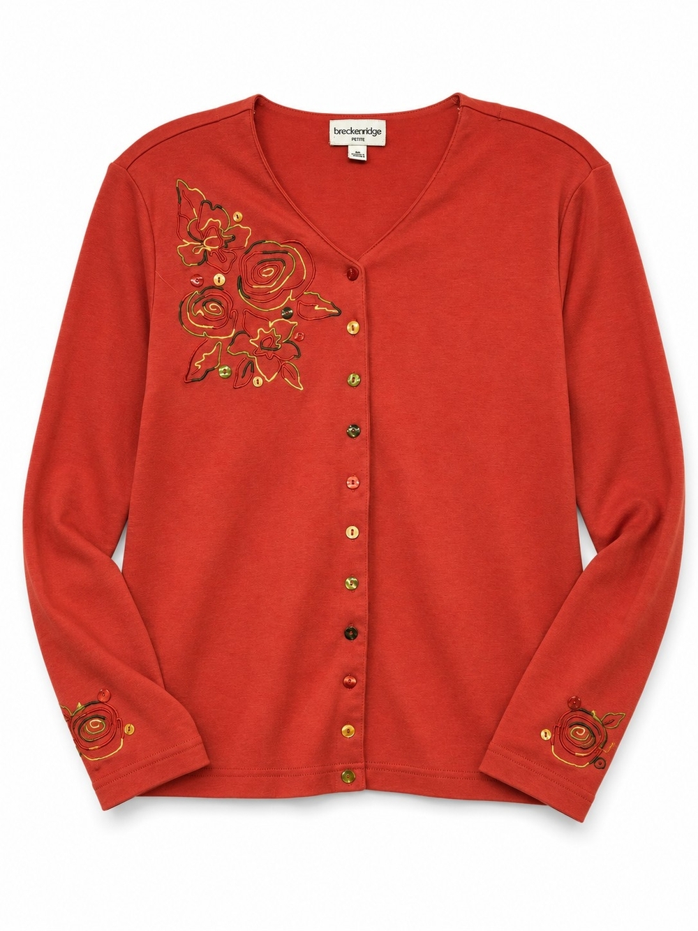 Breckenridge Petite M Orange Floral Embroidered Colorful Buttons Cardigan Top